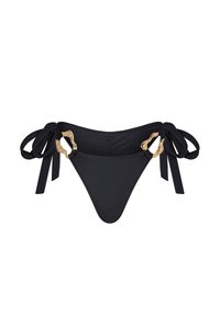 Black bikini bottom with a triangular shape. Features gold hardware accents and ties at the sides. Smooth texture, minimal design.