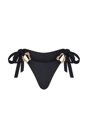 Black bikini bottom with a triangular shape. Features gold hardware accents and ties at the sides. Smooth texture, minimal design.