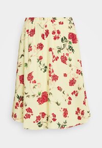 Květinová sukně s žlutým pozadím, zdobená červenými květinami a zelenými listy, vyrobená z lehkého materiálu s elastickým pasem.