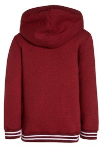 Roter Kapuzenpullover aus strukturiertem Stoff. Mit weißen gestreiften Rippbündchen und Saum. Schlichte Rückansicht mit klassischer Passform.