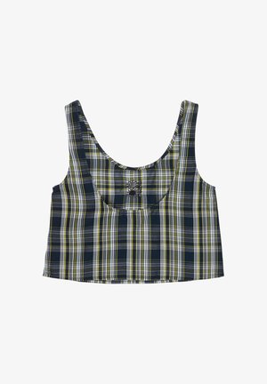 Bezroku kultūra ar tumsas zilu, baltu un dzeltenu rūtainu rakstu un apaļu izgriezumu uz balta fona.