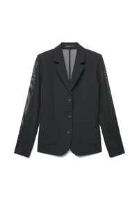 Blazer nero con chiusura a bottone e due tasche frontali. Presenta un corpo in tessuto solido e maniche trasparenti texturizzate. Design del colletto classico.