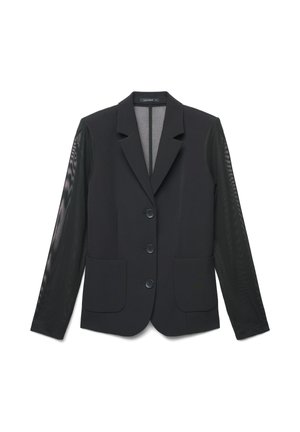 Blazer nero con chiusura a bottone e due tasche frontali. Presenta un corpo in tessuto solido e maniche trasparenti texturizzate. Design del colletto classico.