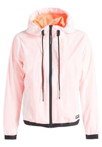 Lekki, jasnoróżowy wiatrówka. Posiada czarny zamek błyskawiczny, sznurki i teksturowane pomarańczowe podszewki. Elastyczne mankiety i dół.