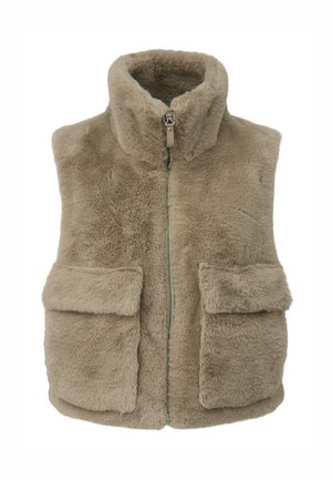 Kreminio spalvos dirbtinio kailio be rankovių liemenė su aukštu apykakle, priekiniu užtrauktuku ir dviem didelėmis kišenėmis su atlapais.