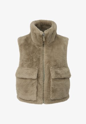 Kreminio spalvos dirbtinio kailio be rankovių liemenė su aukštu apykakle, priekiniu užtrauktuku ir dviem didelėmis kišenėmis su atlapais.