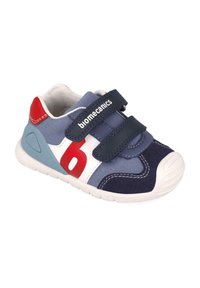 Sneaker per bambini blu e blu scuro con accenti rossi, cinturini in velcro, tessuto texturizzato, suola bianca e marchio "biomecanics".