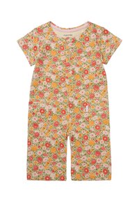 Blumenmuster-Overall aus leichtem Baumwollmaterial. Kurzärmlig, mit runder Ausschnitt und Taschen. Mit orangefarbenen, pinken und grünen Blumen auf einem beigen Hintergrund.