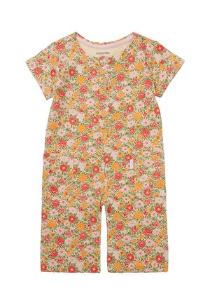 Bloemmotief jumpsuit van lichtgewicht katoen. Korte mouwen, ronde halslijn en zakken. Bevat oranje, roze en groene bloemen op een beige achtergrond.