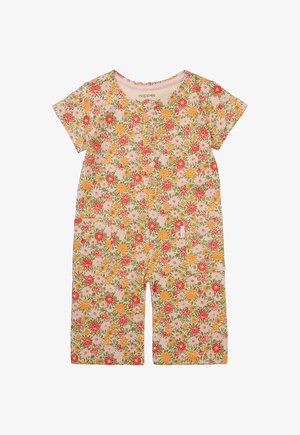 Bloemmotief jumpsuit van lichtgewicht katoen. Korte mouwen, ronde halslijn en zakken. Bevat oranje, roze en groene bloemen op een beige achtergrond.