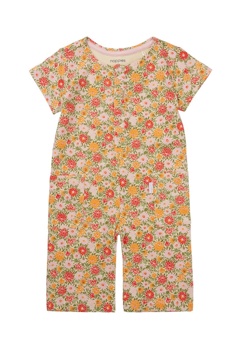 Blumenmuster-Overall aus leichtem Baumwollmaterial. Kurzärmlig, mit runder Ausschnitt und Taschen. Mit orangefarbenen, pinken und grünen Blumen auf einem beigen Hintergrund.