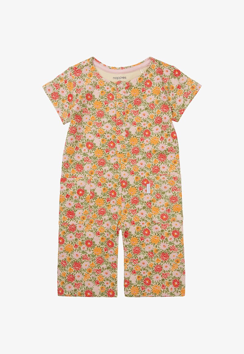 Bloemmotief jumpsuit van lichtgewicht katoen. Korte mouwen, ronde halslijn en zakken. Bevat oranje, roze en groene bloemen op een beige achtergrond.