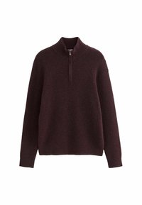 Burgunderfarbener Pullover aus Strickstoff, mit einem hohen Kragen und einem Viertelreißverschluss, langen Ärmeln und einer lockeren Passform. Weiche Textur.
