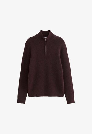 Burgunderfarbener Pullover aus Strickstoff, mit einem hohen Kragen und einem Viertelreißverschluss, langen Ärmeln und einer lockeren Passform. Weiche Textur.