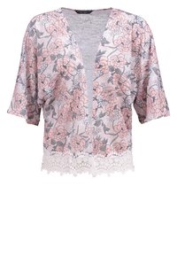 Leichter floraler Kimono in Rosa und Grau, mit kurzen Ärmeln, offener Vorderseite und einem weißen Spitzenbesatz am Saum.