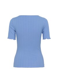Light blue ribbed short-sleeve top with a scalloped hem and a wide neckline, made from stretchy fabric for a fitted silhouette.
