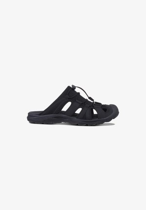 Black closed-toe sandal with adjustable elastic laces, multiple side straps, and textured sole, angled to the right on a white background.