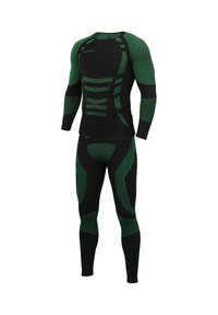 Compression athletic wear featuring a black base with green textured detailing, long sleeves, and a fitted design for flexibility and support.