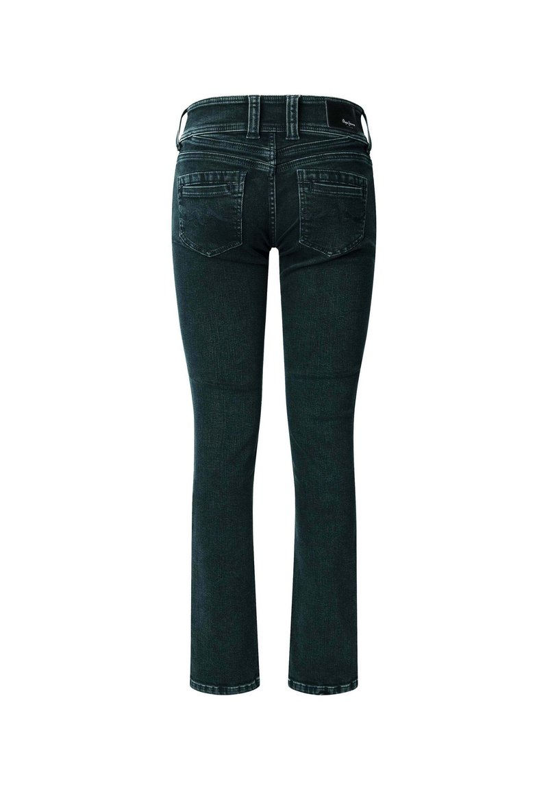 Dunkelgrüne Denim-Jeans mit schlanker Passform, mittelhoher Taille, Gesäßtaschen und einem sauberen Abschluss am Saum.