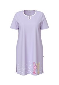 Vestido corto lavanda con cuello ribeteado en blanco, detalle de ojo de cerradura, mangas cortas, aberturas laterales y estampados de langostas rosas y amarillas cerca del dobladillo.