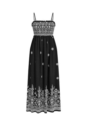 Abito lungo nero senza maniche con ricamo floreale bianco sul corpetto, fiori sparsi sulla gonna e motivo dettagliato sul bordo dell'orlo.