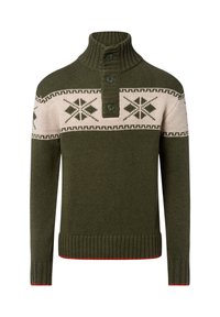 Pull-over en laine vert avec un col montant, trois boutons noirs et une bande beige clair à motifs géométriques. Accent rouge à l'ourlet.