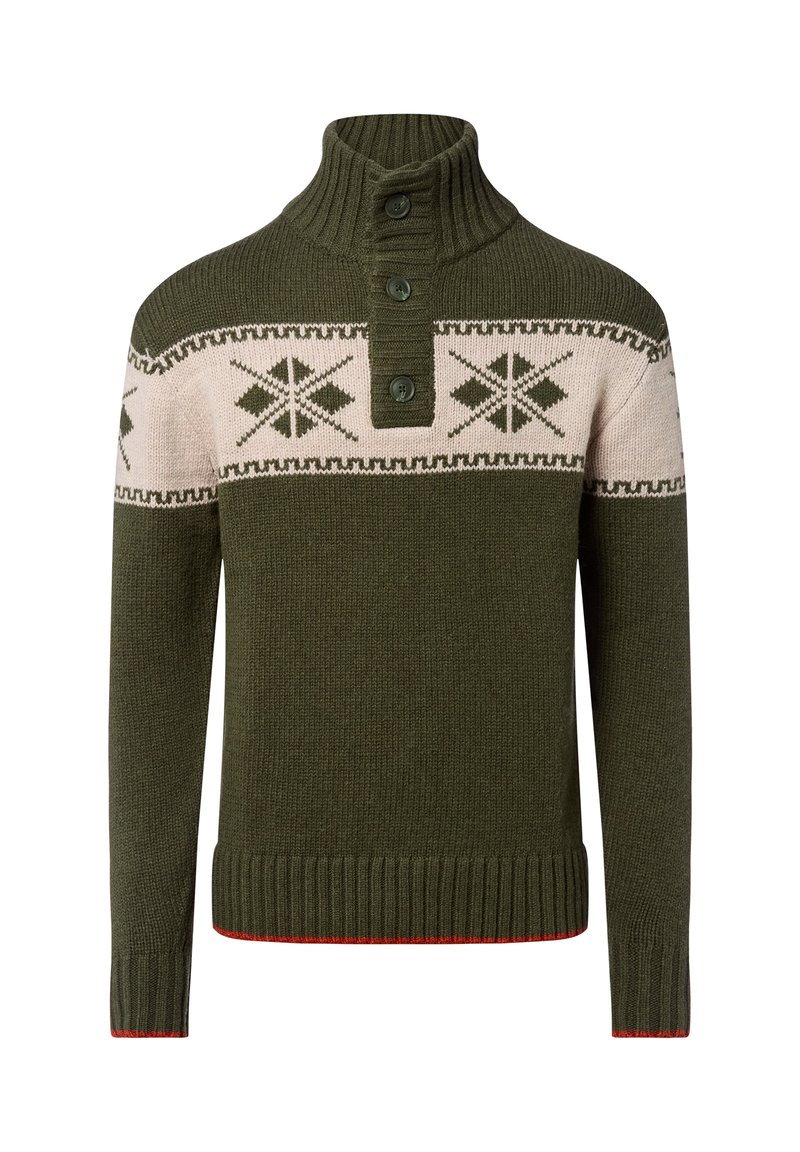 Pull-over en laine vert avec un col montant, trois boutons noirs et une bande beige clair à motifs géométriques. Accent rouge à l'ourlet.