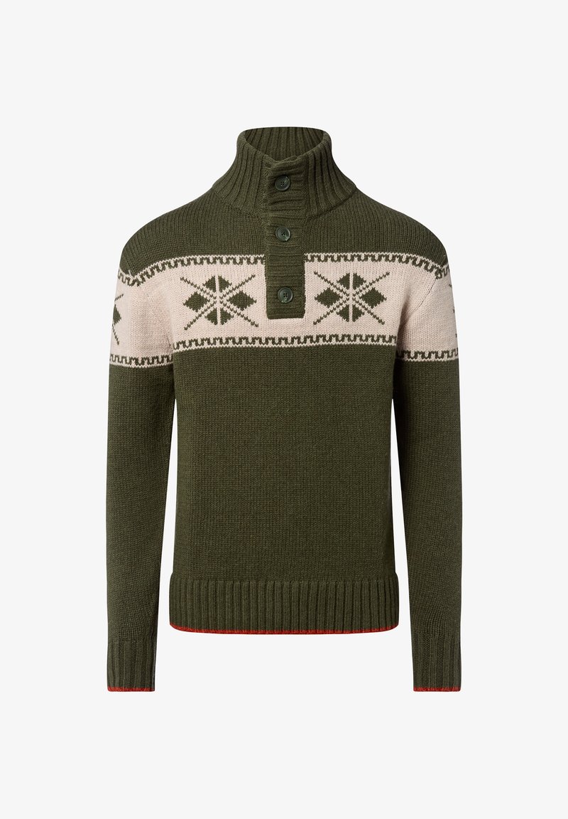 Gebreide groene trui met hoge kraag, drie donkere knopen en een gebreide lichtbeige band met geometrische vormen. Rode accent aan de zoom.