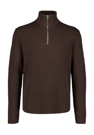 Brauner, gerippter Langarmpullover mit hohem Kragen und kurzem silbernem Frontreißverschluss.