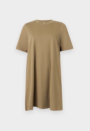 Loose-fit, short-sleeve, crew neck dress in solid light brown cotton fabric, knee-length, displayed on a plain light gray background.