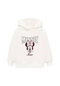 Hoodie blanc avec une impression graphique du visage de Minnie Mouse avec un nœud rose, le mot "MINNIE" en lettres grasses au-dessus et "Mouse" en dessous.