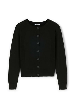 Cardigan negru tricotat, cu guler rotund, închidere cu nasturi în față, textură texturată pe mâneci și umeri, cu un design scurt.