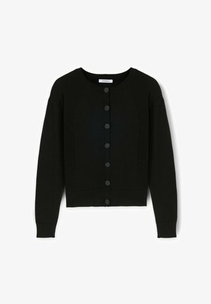 Sort strikket cardigan med rund hals, frontknaplukning, ribbet tekstur på ærmer og skuldre, med et croppet design.