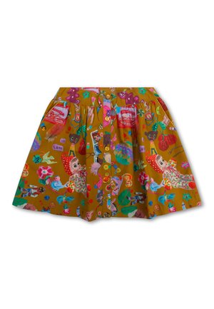 Knoopjesrok van mosterdgele stof, met kleurrijke illustraties van poppen, dieren en bloemen, een geraffineerde taille en zakken.