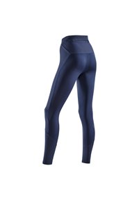 Marineblaue Sportleggings mit hohem Bund, glatter Textur und rautenförmigen Akzenten an den Unterschenkeln. Eng anliegendes Design betont die Form.