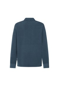 Mörkblå långärmad skjorta i mjukt material, med standardkrage och knappade ärmslut, enfärgad bak och utan synliga mönster.