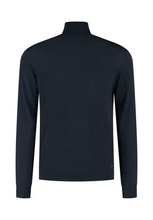 Marineblå pullover-trøje med lange ærmer og høj krave. Glat tekstur med ribbede manchetter og bund. Ingen mønstre eller synligt udstyr.