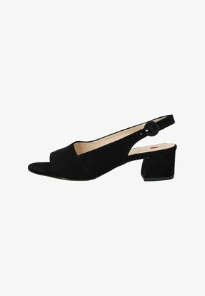 Sandales slingback en suede noir avec un bout ouvert, un talon bloc arrondi et un accent en bouton sur la sangle réglable.