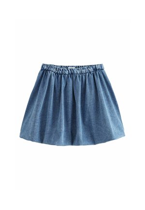 Denimnederdel med elastisk talje, A-formet snit, plisseret design, i en mellemblå farve, der fremhæver en blød tekstur.