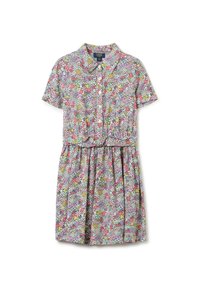 Abito a stampa floreale con maniche corte, colletto classico, chiusura con bottoni e vita arricciata, in colori pastello con cuori e fiori.