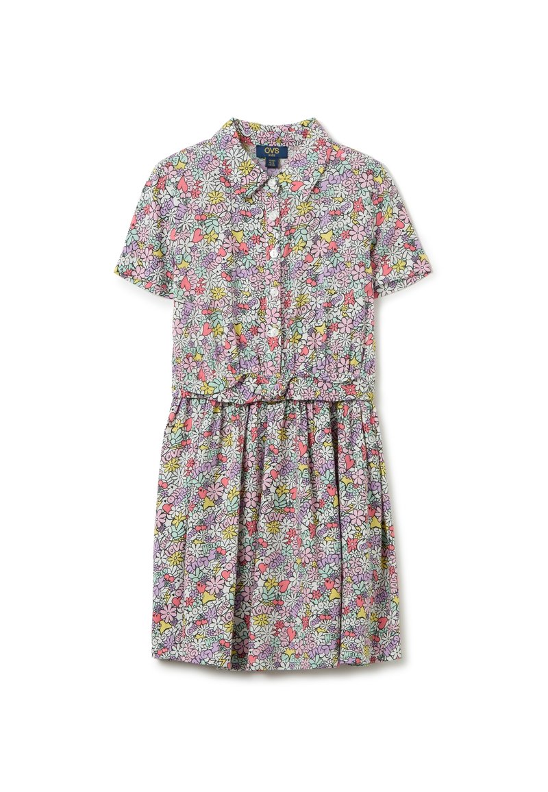 Abito a stampa floreale con maniche corte, colletto classico, chiusura con bottoni e vita arricciata, in colori pastello con cuori e fiori.