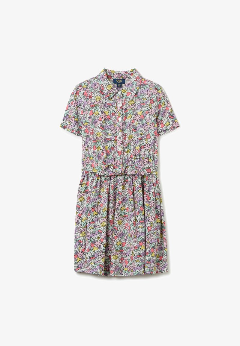 Abito a stampa floreale con maniche corte, colletto classico, chiusura con bottoni e vita arricciata, in colori pastello con cuori e fiori.