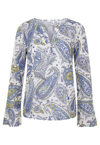 Blouse à manches longues en coton blanc avec un motif cachemire bleu, jaune et vert. Dotée d'un col en V et de manches évasées. Texture douce.
