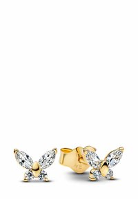 Orecchini a forma di farfalla in oro, con pietre trasparenti tagliate a marquise e accenti rotondi, dall'aspetto lucido e dotati di un meccanismo di chiusura sicuro.