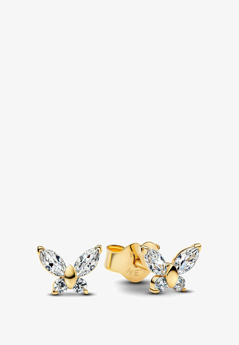 Orecchini a forma di farfalla in oro, con pietre trasparenti tagliate a marquise e accenti rotondi, dall'aspetto lucido e dotati di un meccanismo di chiusura sicuro.