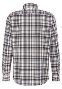 Langärmliges kariertes Hemd mit einer Mischung aus braunen, weißen und blauen Karomustern, krispem Kragen und geknöpften Ärmeln.