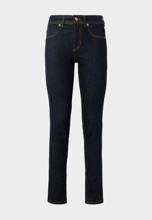 Dark blue denim jeans with a slim fit, featuring gold stitching, five pockets, and a button closure at the waist. Smooth texture.