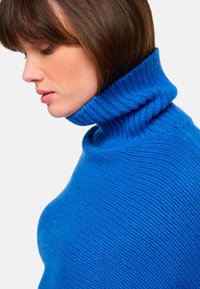 Pull en col roulé bleu tricoté avec un motif de côtes texturé, présentant un col haut replié et une coupe décontractée au niveau des épaules.