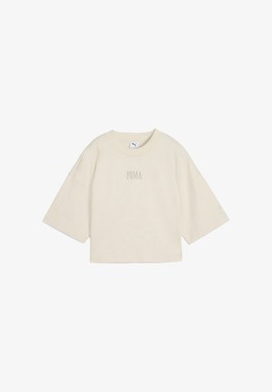 Hellbeige Kurzarm-T-Shirt aus weicher Baumwolle. Verfügt über einen Rundhalsausschnitt und ein kleines "PUMA"-Logo in der Mitte. Boxy-Silhouette.