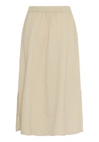 Beige sukňa po kolená vyrobená z textúrovaného materiálu s elastickým pásom a bočnými rozparkom pre pohodlný pohyb. Jednoduchý a funkčný dizajn.